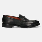Men's Bugatti kiltie loafer black leather shoes with a round toe and apron toe featuring a stacked heel , a leather outsole.
