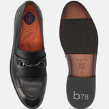 Men's Bugatti kiltie loafer black leather shoes with a round toe and apron toe featuring a stacked heel , a leather outsole.