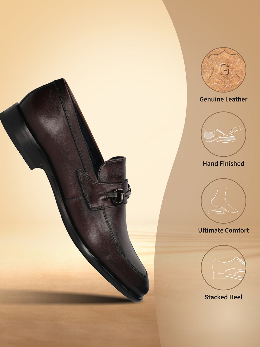 A grey Men's bugatti Bit Loafer featuring a round toe apron toe, stacked heel. Made from premium genuine leather with a durable leather outsole, this slip-on design offers both style and comfort.