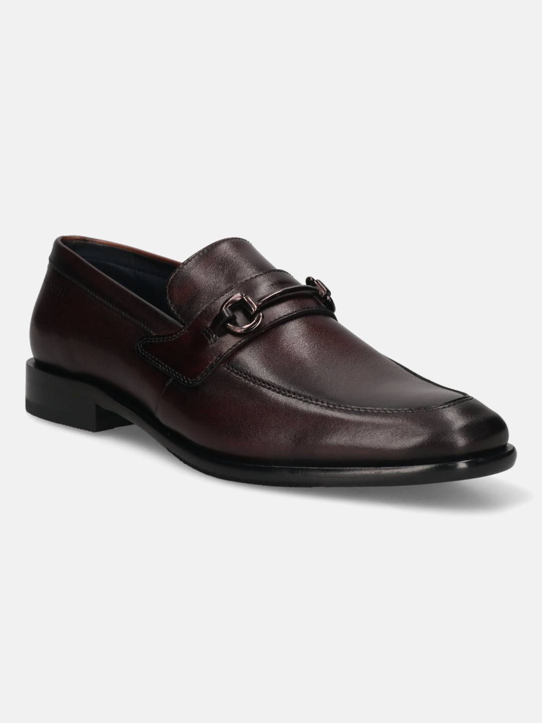 A grey Men's bugatti Bit Loafer featuring a round toe apron toe, stacked heel. Made from premium genuine leather with a durable leather outsole, this slip-on design offers both style and comfort.