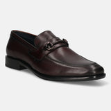 A grey Men's bugatti Bit Loafer featuring a round toe apron toe, stacked heel. Made from premium genuine leather with a durable leather outsole, this slip-on design offers both style and comfort.