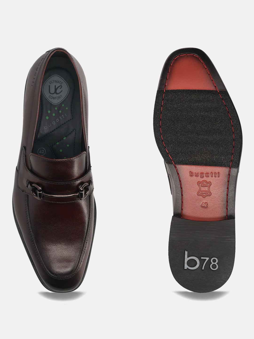 A grey Men's bugatti Bit Loafer featuring a round toe apron toe, stacked heel. Made from premium genuine leather with a durable leather outsole, this slip-on design offers both style and comfort.