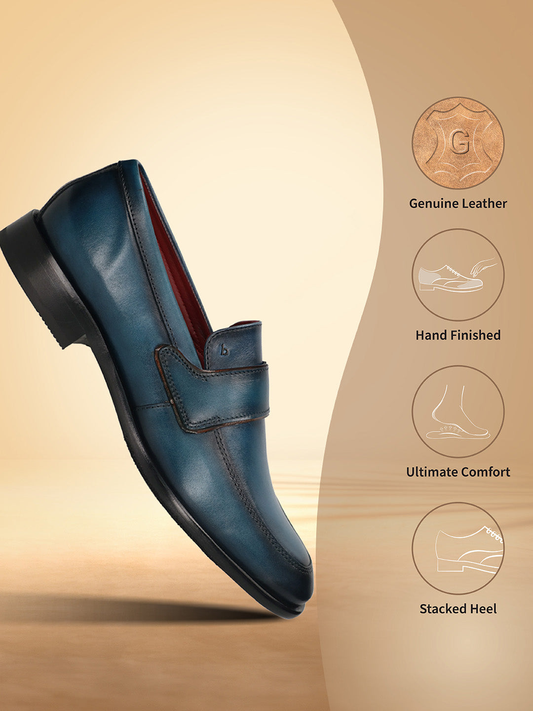 A blue Men's bugatti Penny Loafer featuring a round toe apron toe, stacked heel. Made from premium genuine leather with a durable leather outsole, this slip-on design offers both style and comfort.