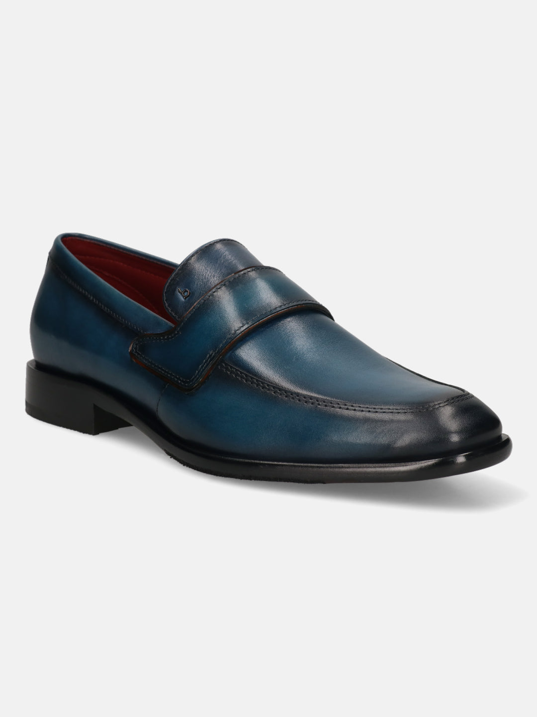 A blue Men's bugatti Penny Loafer featuring a round toe apron toe, stacked heel. Made from premium genuine leather with a durable leather outsole, this slip-on design offers both style and comfort.