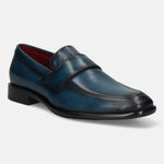 A blue Men's bugatti Penny Loafer featuring a round toe apron toe, stacked heel. Made from premium genuine leather with a durable leather outsole, this slip-on design offers both style and comfort.