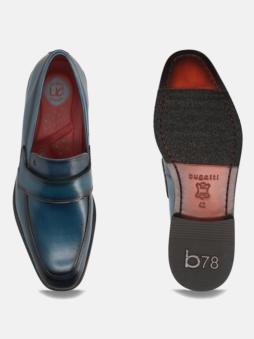 A blue Men's bugatti Penny Loafer featuring a round toe apron toe, stacked heel. Made from premium genuine leather with a durable leather outsole, this slip-on design offers both style and comfort.