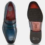 A blue Men's bugatti Penny Loafer featuring a round toe apron toe, stacked heel. Made from premium genuine leather with a durable leather outsole, this slip-on design offers both style and comfort.
