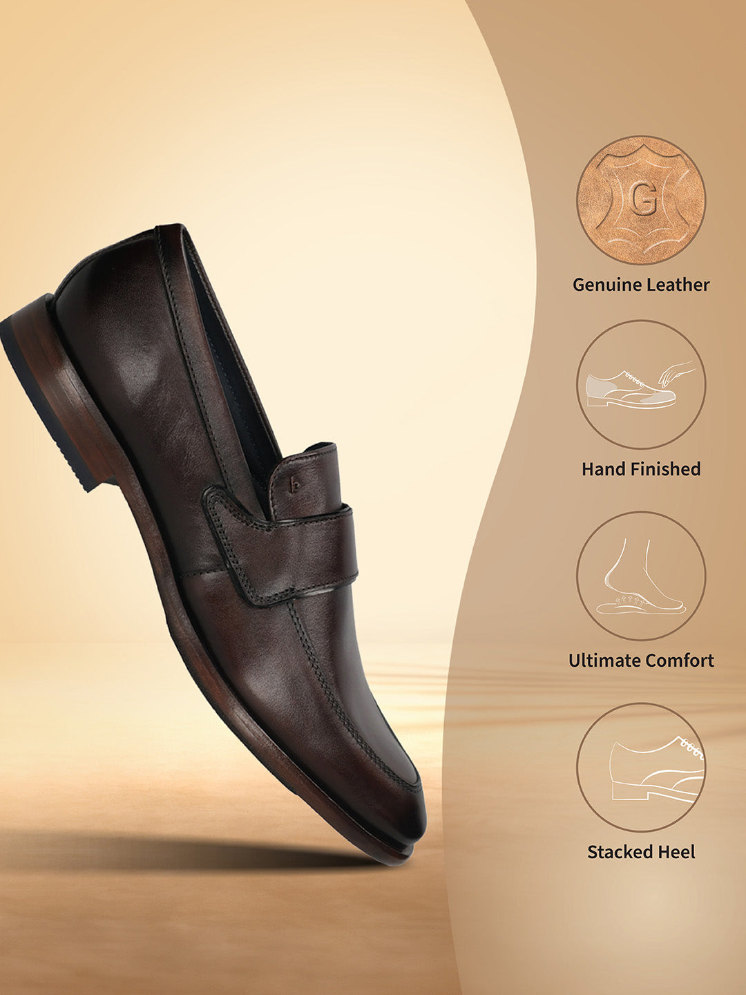 A brown Men's bugatti Penny Loafer featuring a round toe apron toe, stacked heel. Made from premium genuine leather with a durable leather outsole, this slip-on design offers both style and comfort.