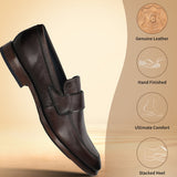 A brown Men's bugatti Penny Loafer featuring a round toe apron toe, stacked heel. Made from premium genuine leather with a durable leather outsole, this slip-on design offers both style and comfort.