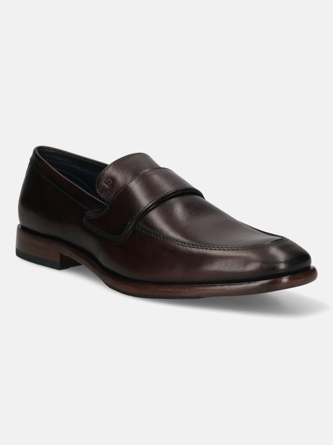 A brown Men's bugatti Penny Loafer featuring a round toe apron toe, stacked heel. Made from premium genuine leather with a durable leather outsole, this slip-on design offers both style and comfort.