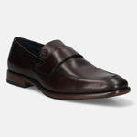 A brown Men's bugatti Penny Loafer featuring a round toe apron toe, stacked heel. Made from premium genuine leather with a durable leather outsole, this slip-on design offers both style and comfort.