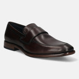 A brown Men's bugatti Penny Loafer featuring a round toe apron toe, stacked heel. Made from premium genuine leather with a durable leather outsole, this slip-on design offers both style and comfort.