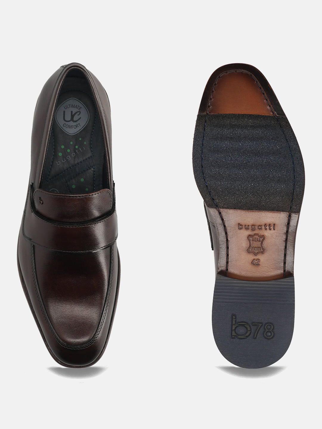 A brown Men's bugatti Penny Loafer featuring a round toe apron toe, stacked heel. Made from premium genuine leather with a durable leather outsole, this slip-on design offers both style and comfort.