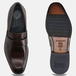 A brown Men's bugatti Penny Loafer featuring a round toe apron toe, stacked heel. Made from premium genuine leather with a durable leather outsole, this slip-on design offers both style and comfort.