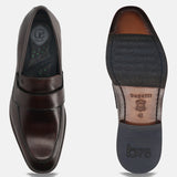 A brown Men's bugatti Penny Loafer featuring a round toe apron toe, stacked heel. Made from premium genuine leather with a durable leather outsole, this slip-on design offers both style and comfort.