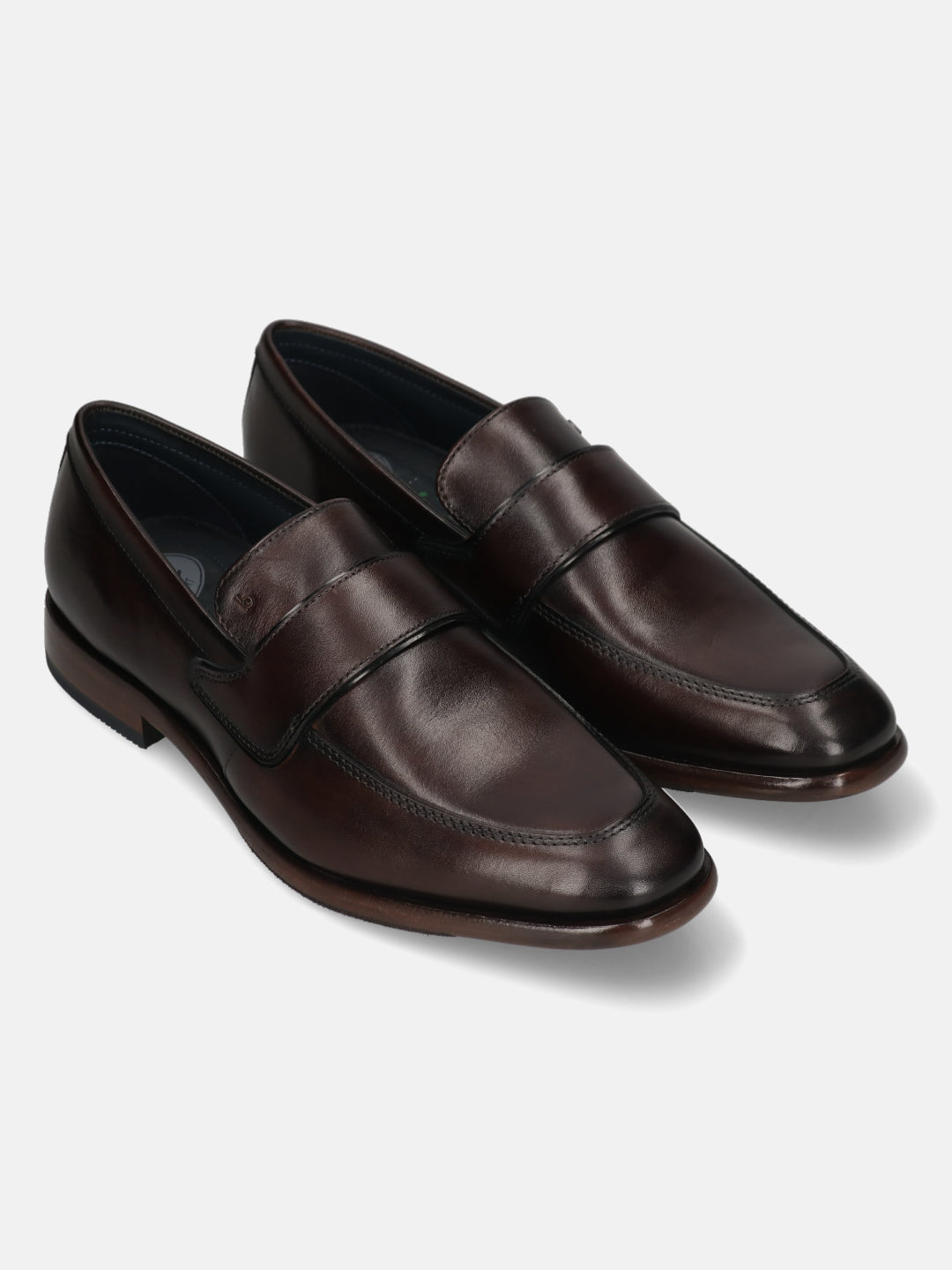 A brown Men's bugatti Penny Loafer featuring a round toe apron toe, stacked heel. Made from premium genuine leather with a durable leather outsole, this slip-on design offers both style and comfort.
