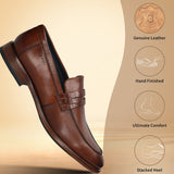 A cognac Men's bugatti Penny Loafer featuring a round toe apron toe, stacked heel. Made from premium genuine leather with a durable leather outsole, this slip-on design offers both style and comfort.