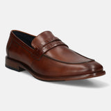 A cognac Men's bugatti Penny Loafer featuring a round toe apron toe, stacked heel. Made from premium genuine leather with a durable leather outsole, this slip-on design offers both style and comfort.