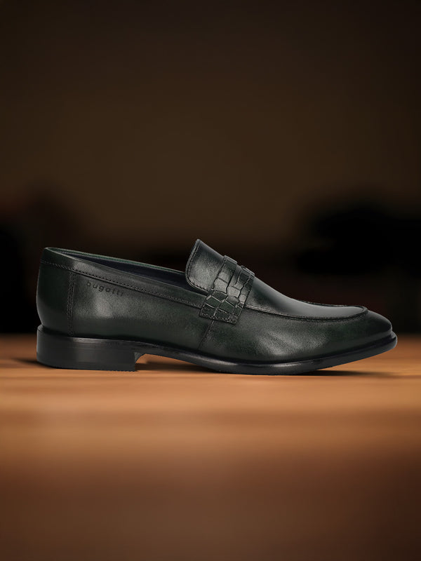 A green Men's bugatti Penny Loafer featuring a round toe apron toe, stacked heel. Made from premium genuine leather with a durable leather outsole, this slip-on design offers both style and comfort.