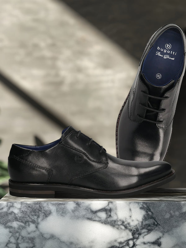 A black Men's bugatti Derby featuring a round toe plain toe, stacked heel. Made from premium genuine leather with a durable eva outsole, this laces design offers both style and comfort.