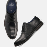 A black Men's bugatti Derby featuring a round toe plain toe, stacked heel. Made from premium genuine leather with a durable eva outsole, this laces design offers both style and comfort.