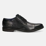 A black Men's bugatti Derby featuring a round toe plain toe, stacked heel. Made from premium genuine leather with a durable eva outsole, this laces design offers both style and comfort.
