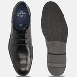 A black Men's bugatti Derby featuring a round toe plain toe, stacked heel. Made from premium genuine leather with a durable eva outsole, this laces design offers both style and comfort.
