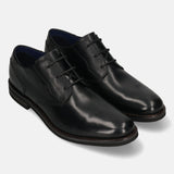 A black Men's bugatti Derby featuring a round toe plain toe, stacked heel. Made from premium genuine leather with a durable eva outsole, this laces design offers both style and comfort.