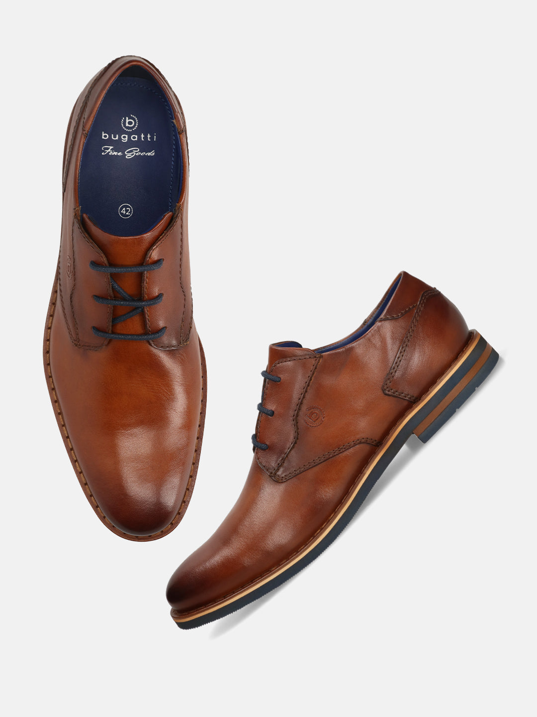 A cognac Men's bugatti Derby featuring a round toe plain toe, stacked heel. Made from premium genuine leather with a durable eva outsole, this laces design offers both style and comfort.