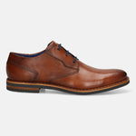 A cognac Men's bugatti Derby featuring a round toe plain toe, stacked heel. Made from premium genuine leather with a durable eva outsole, this laces design offers both style and comfort.