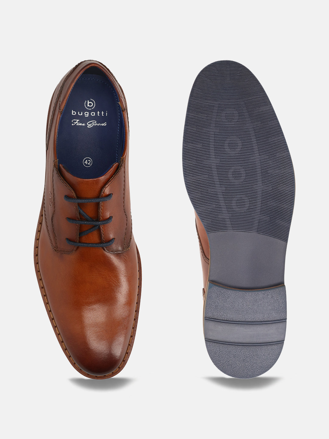 A cognac Men's bugatti Derby featuring a round toe plain toe, stacked heel. Made from premium genuine leather with a durable eva outsole, this laces design offers both style and comfort.