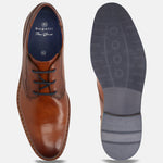 A cognac Men's bugatti Derby featuring a round toe plain toe, stacked heel. Made from premium genuine leather with a durable eva outsole, this laces design offers both style and comfort.