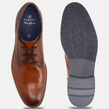 A cognac Men's bugatti Derby featuring a round toe plain toe, stacked heel. Made from premium genuine leather with a durable eva outsole, this laces design offers both style and comfort.