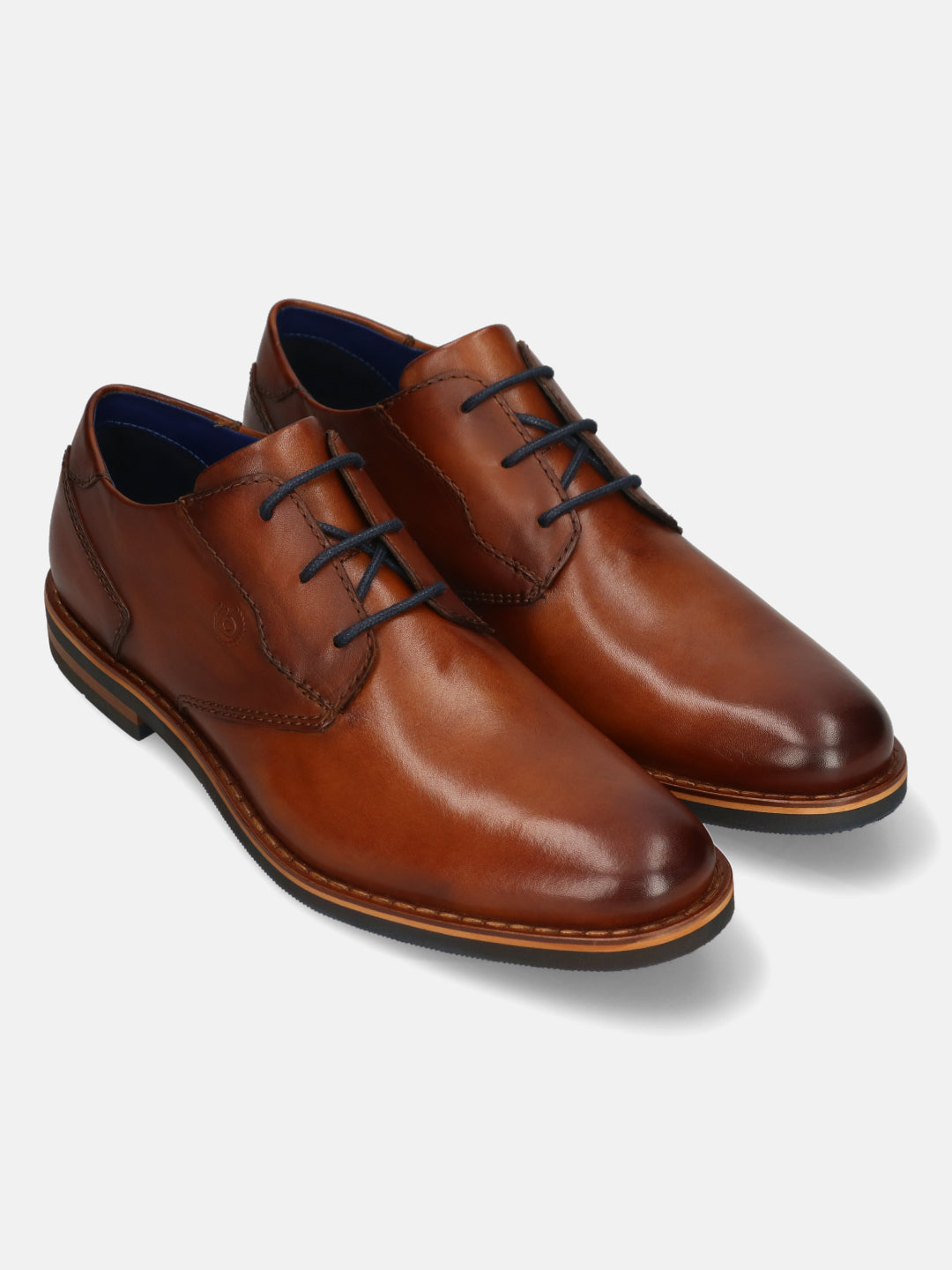 A cognac Men's bugatti Derby featuring a round toe plain toe, stacked heel. Made from premium genuine leather with a durable eva outsole, this laces design offers both style and comfort.