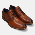 A cognac Men's bugatti Derby featuring a round toe plain toe, stacked heel. Made from premium genuine leather with a durable eva outsole, this laces design offers both style and comfort.