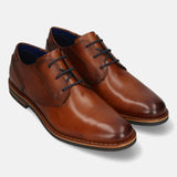 A cognac Men's bugatti Derby featuring a round toe plain toe, stacked heel. Made from premium genuine leather with a durable eva outsole, this laces design offers both style and comfort.
