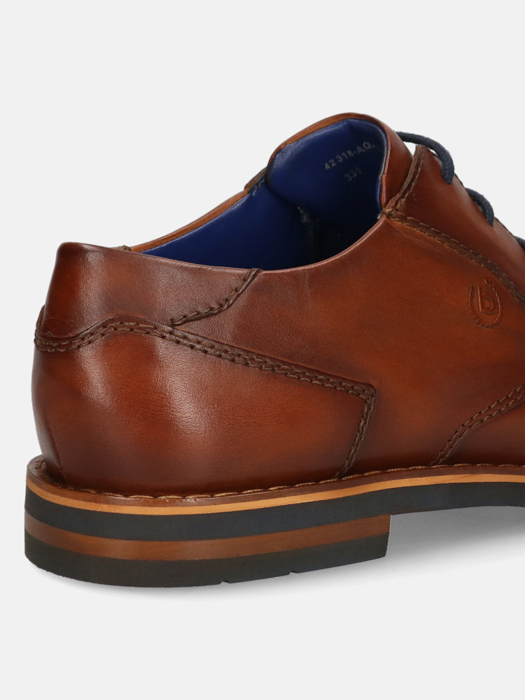 A cognac Men's bugatti Derby featuring a round toe plain toe, stacked heel. Made from premium genuine leather with a durable eva outsole, this laces design offers both style and comfort.