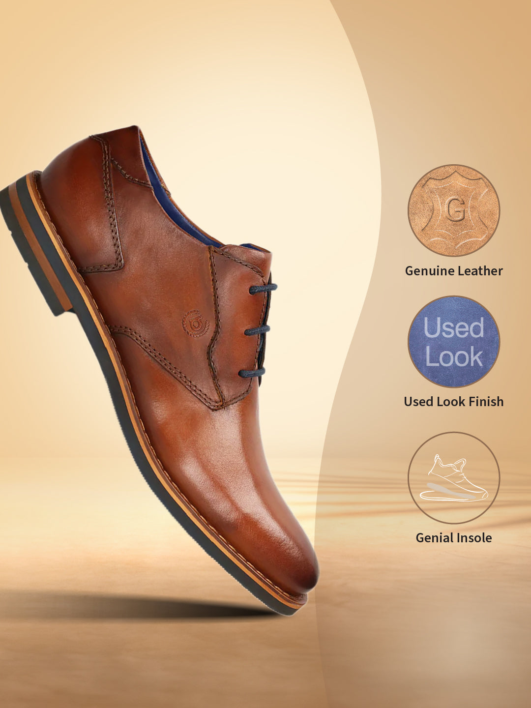 A cognac Men's bugatti Derby featuring a round toe plain toe, stacked heel. Made from premium genuine leather with a durable eva outsole, this laces design offers both style and comfort.