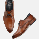 A cognac Men's bugatti Derby featuring a pointed toe plain toe, stacked heel. Made from premium genuine leather with a durable leather outsole, this laces design offers both style and comfort.