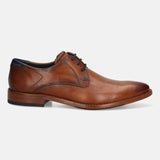 A cognac Men's bugatti Derby featuring a pointed toe plain toe, stacked heel. Made from premium genuine leather with a durable leather outsole, this laces design offers both style and comfort.