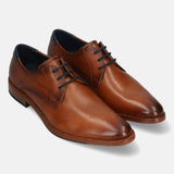 A cognac Men's bugatti Derby featuring a pointed toe plain toe, stacked heel. Made from premium genuine leather with a durable leather outsole, this laces design offers both style and comfort.