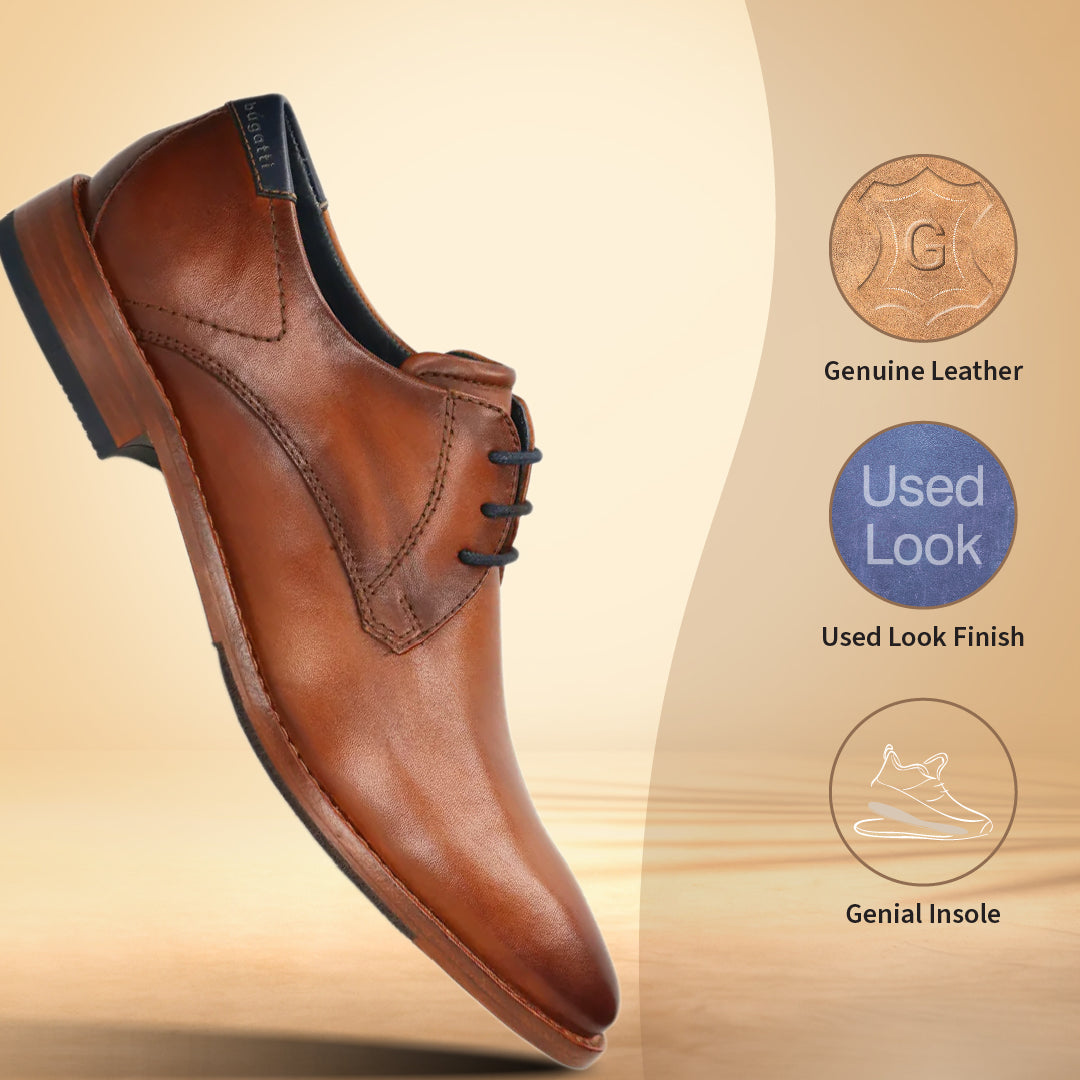 A cognac Men's bugatti Derby featuring a pointed toe plain toe, stacked heel. Made from premium genuine leather with a durable leather outsole, this laces design offers both style and comfort.