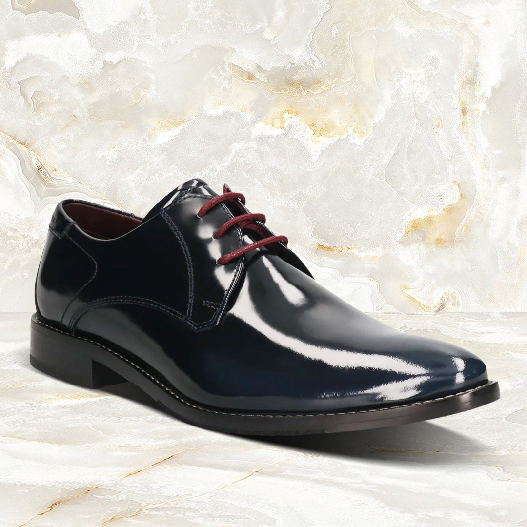 A blue Men's bugatti Derby featuring a pointed toe plain toe, stacked heel. Made from premium genuine leather with a durable leather outsole, this laces design offers both style and comfort.