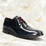 A blue Men's bugatti Derby featuring a pointed toe plain toe, stacked heel. Made from premium genuine leather with a durable leather outsole, this laces design offers both style and comfort.