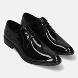 A black Men's bugatti Derby featuring a pointed toe plain toe, stacked heel. Made from premium genuine leather with a durable leather outsole, this laces design offers both style and comfort.
