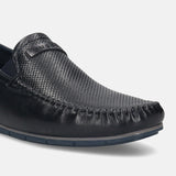 Men's Bugatti casual blue leather shoes with a square toe and apron toe , a tpr outsole.