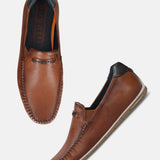 Men's Bugatti casual cognac leather shoes with a square toe and apron toe , a tpr outsole.