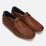 Men's Bugatti casual cognac leather shoes with a square toe and apron toe , a tpr outsole.