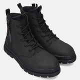 A black Men's bugatti Casual Boots featuring a round toe plain toe, stacked heel. Made from synthetic with a durable tpr outsole, this zipper design offers both style and comfort.