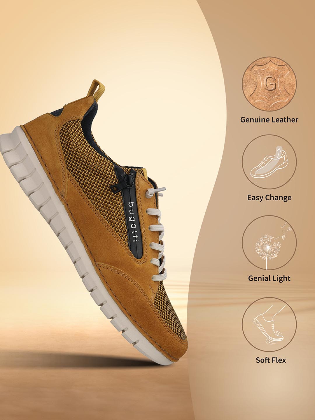 Men's Bugatti lifestyle yellow leather shoes with a round toe , a eva outsole , and laces fastening.